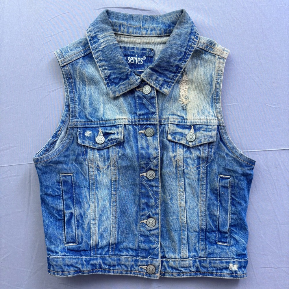 Vtg Series Distressed Denim Vest Womens Small Blue Jean Sleeveless Jacket Grunge